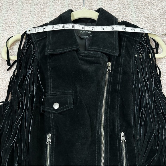 Bebe Black Suede Fringe Moto Western Vest Size Small Asymmetric Zip Bike Week - Picture 6 of 13